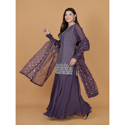 MILU MADAN Dull Purple Silk Georgette Cutdana Kurti with Sharara and Dupatta