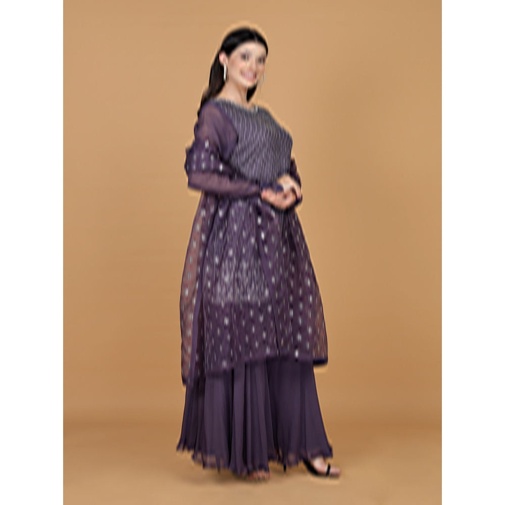 MILU MADAN Dull Purple Silk Georgette Cutdana Kurti with Sharara and Dupatta