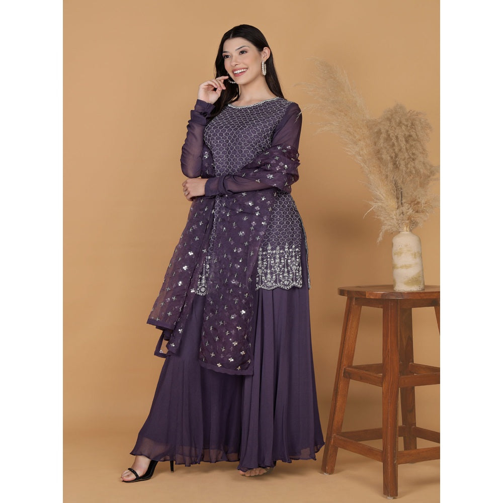 MILU MADAN Dull Purple Silk Georgette Cutdana Kurti with Sharara and Dupatta