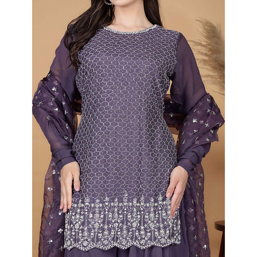 MILU MADAN Dull Purple Silk Georgette Cutdana Kurti with Sharara and Dupatta