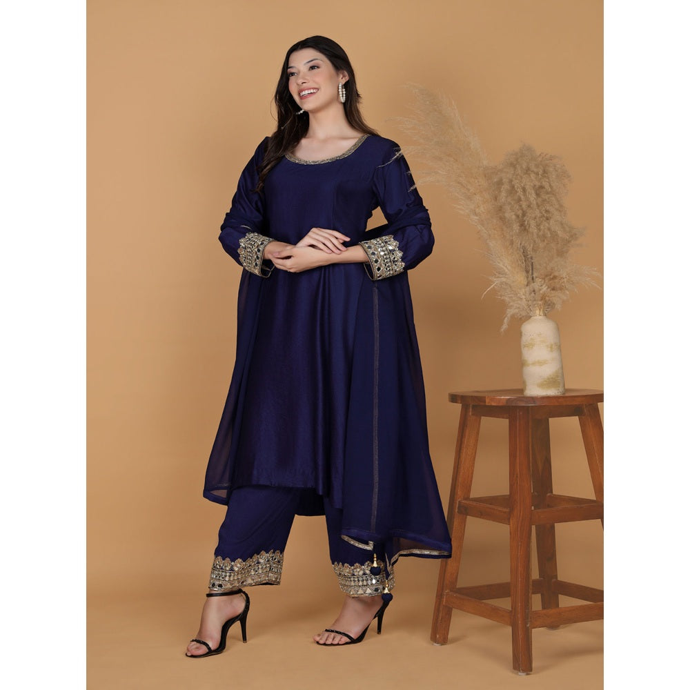 MILU MADAN Dark Blue Self Katan Mirror Work Kurta with Palazzo & Dupatta