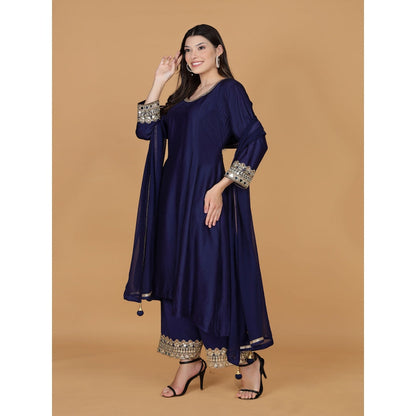 MILU MADAN Dark Blue Self Katan Mirror Work Kurta with Palazzo & Dupatta