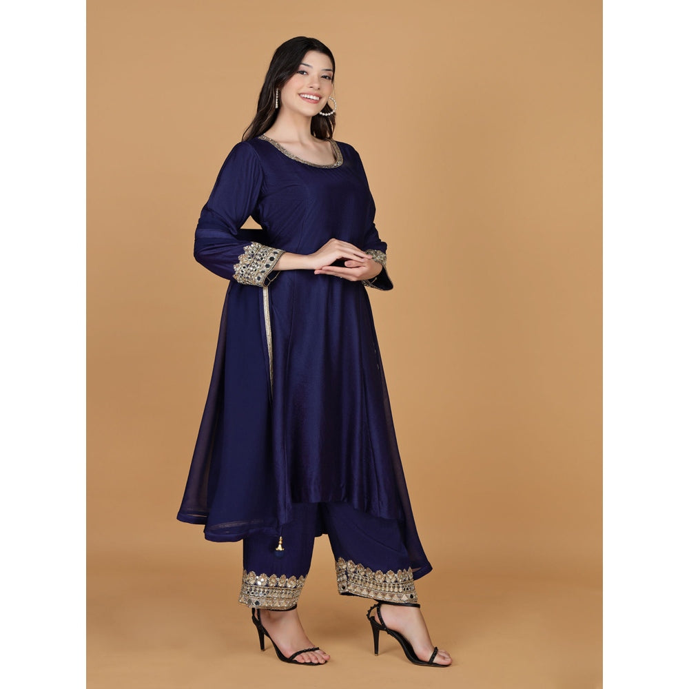 MILU MADAN Dark Blue Self Katan Mirror Work Kurta with Palazzo & Dupatta