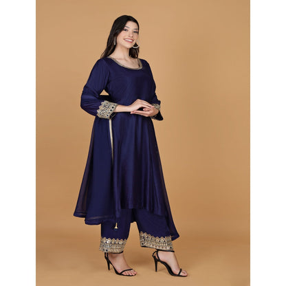 MILU MADAN Dark Blue Self Katan Mirror Work Kurta with Palazzo & Dupatta