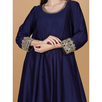 MILU MADAN Dark Blue Self Katan Mirror Work Kurta with Palazzo & Dupatta