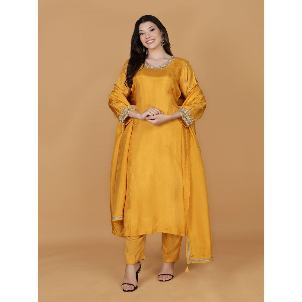 MILU MADAN Mustard Silk Pearl Cutdana Work Kurta with Pant & Dupatta