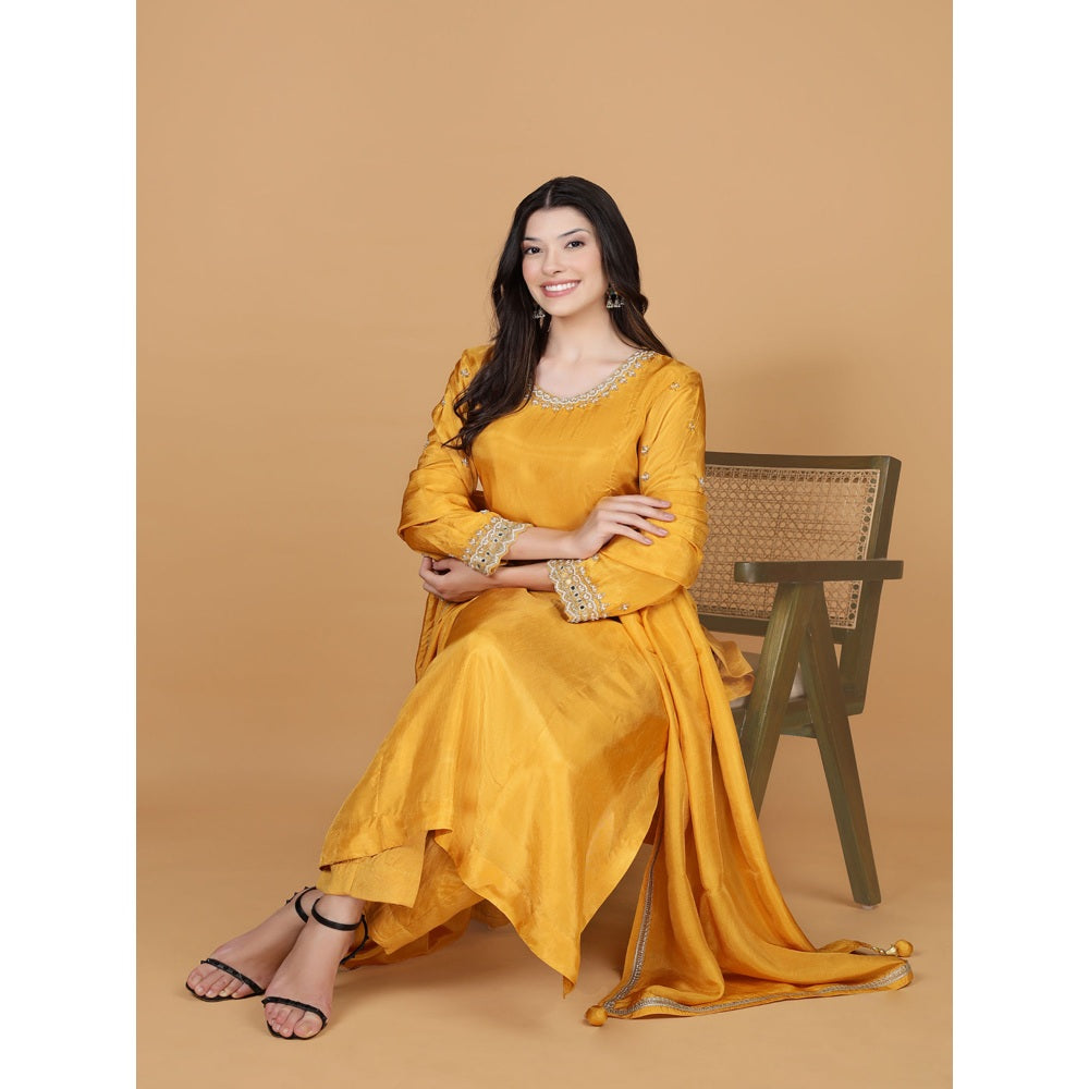 MILU MADAN Mustard Silk Pearl Cutdana Work Kurta with Pant & Dupatta