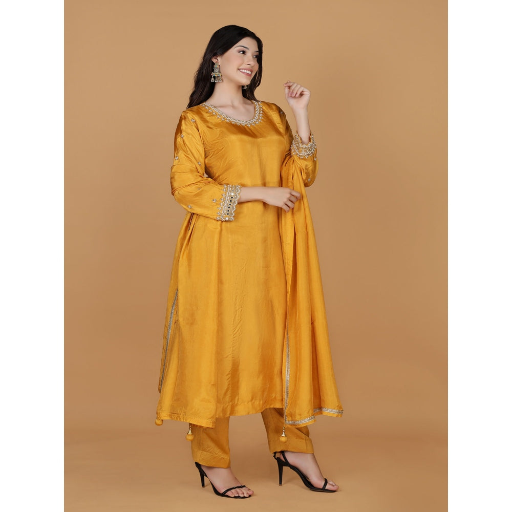 MILU MADAN Mustard Silk Pearl Cutdana Work Kurta with Pant & Dupatta