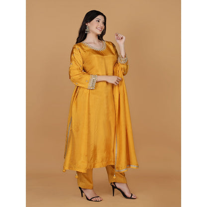 MILU MADAN Mustard Silk Pearl Cutdana Work Kurta with Pant & Dupatta