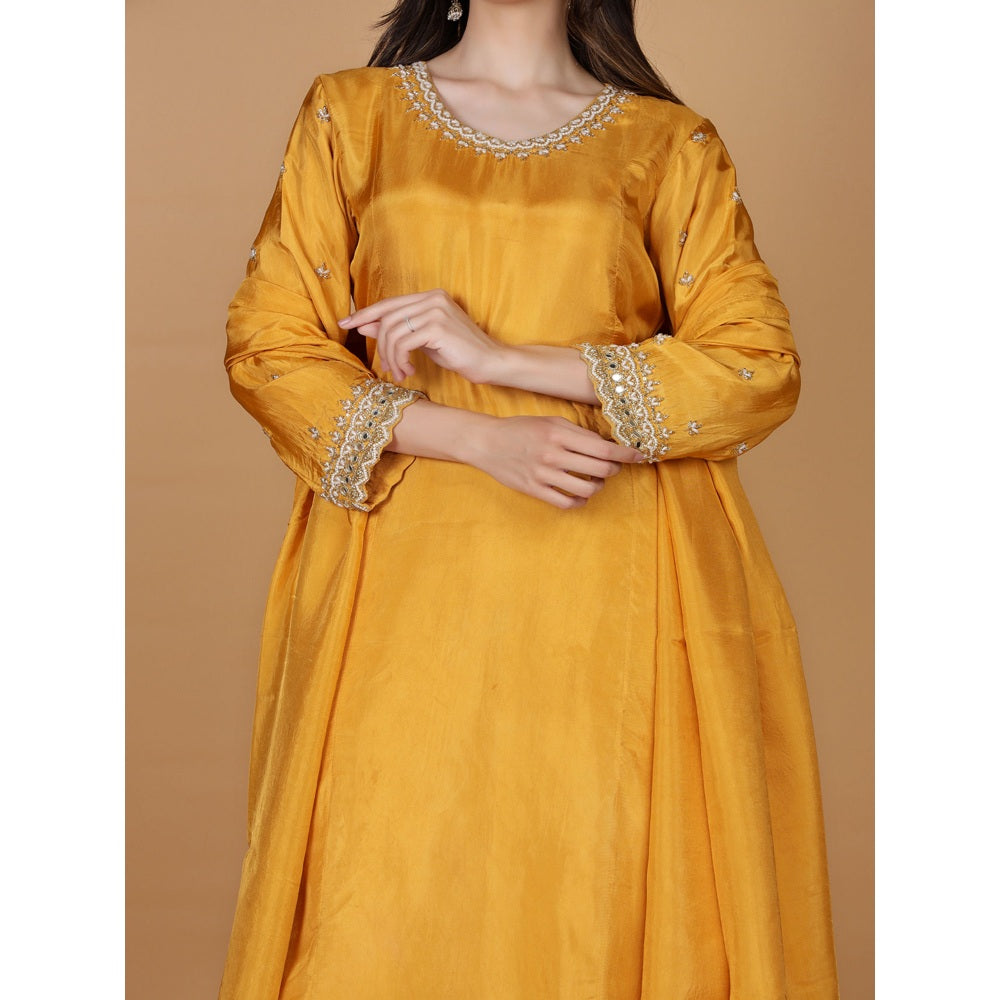 MILU MADAN Mustard Silk Pearl Cutdana Work Kurta with Pant & Dupatta