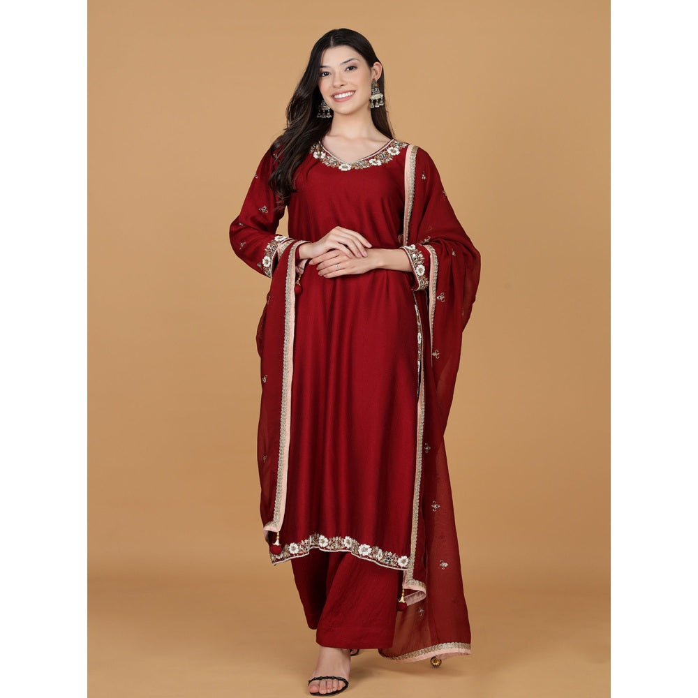 MILU MADAN Maroon Self Katan Pearl Mirror Embroidery Kurta with Palazzo & Dupatta