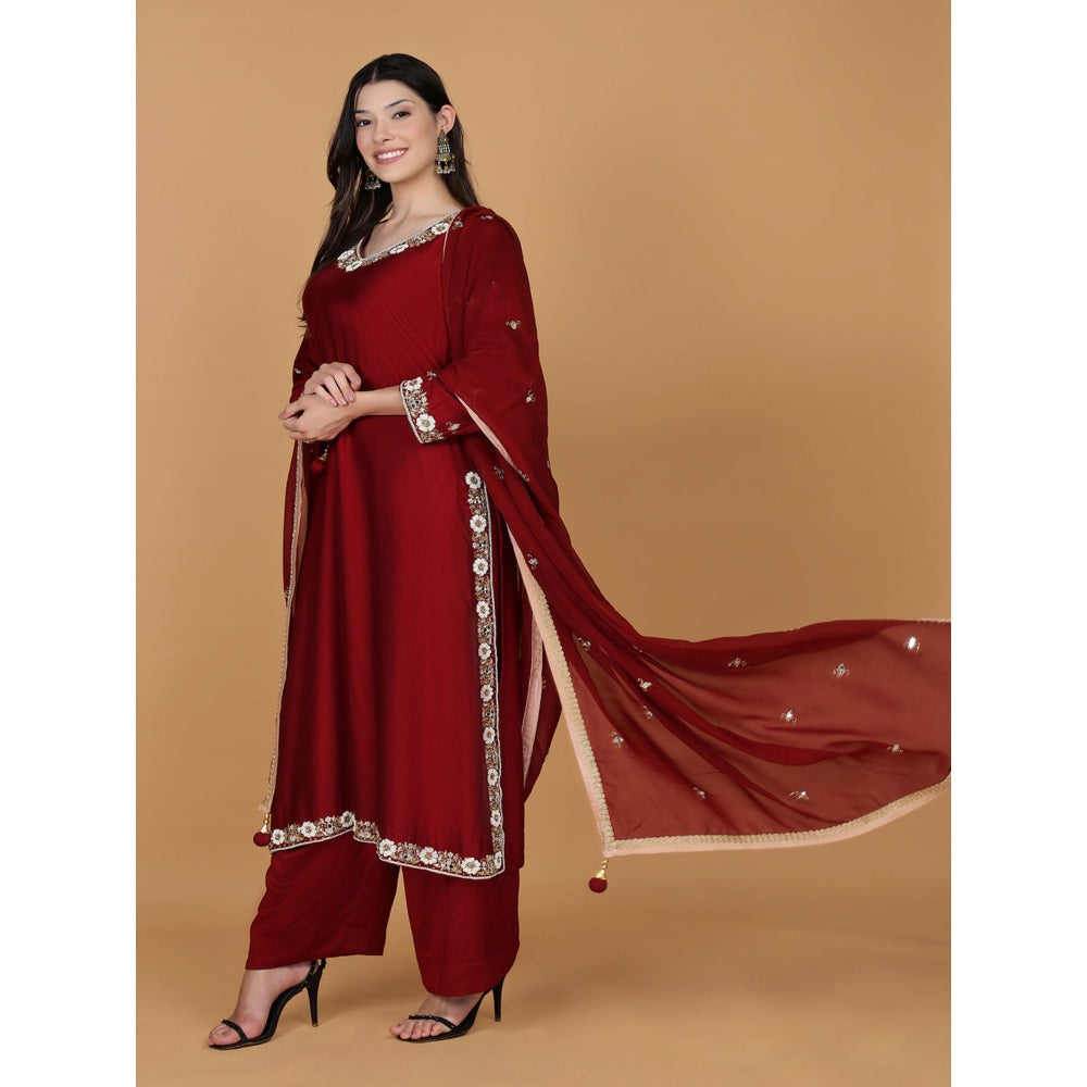 MILU MADAN Maroon Self Katan Pearl Mirror Embroidery Kurta with Palazzo & Dupatta