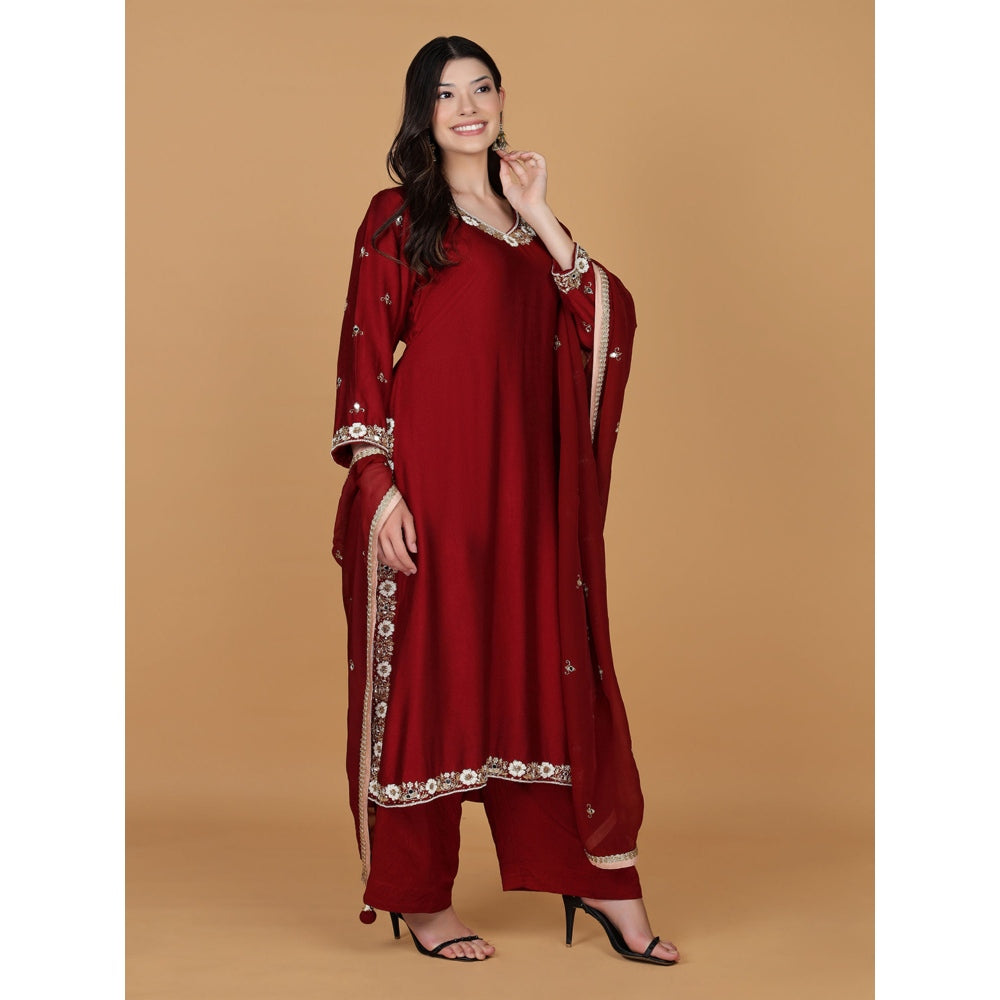MILU MADAN Maroon Self Katan Pearl Mirror Embroidery Kurta with Palazzo & Dupatta