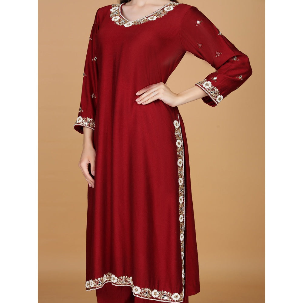 MILU MADAN Maroon Self Katan Pearl Mirror Embroidery Kurta with Palazzo & Dupatta