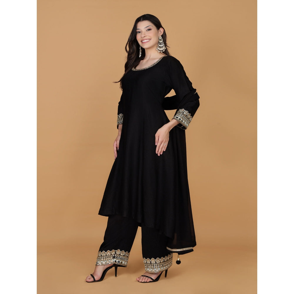 MILU MADAN Black Self Katan Mirror Work Kurta with Palazzo & Dupatta