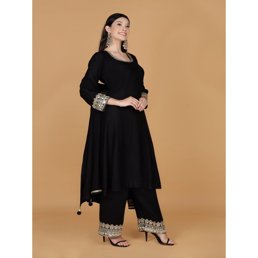 MILU MADAN Black Self Katan Mirror Work Kurta with Palazzo & Dupatta