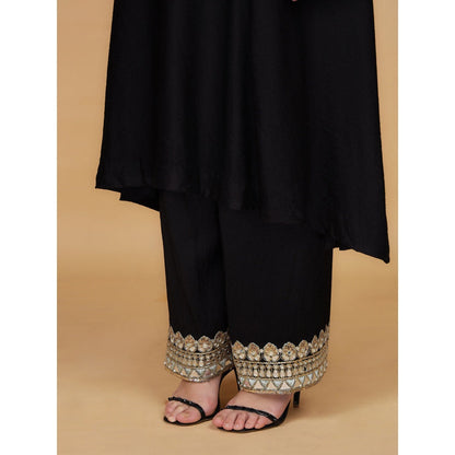 MILU MADAN Black Self Katan Mirror Work Kurta with Palazzo & Dupatta