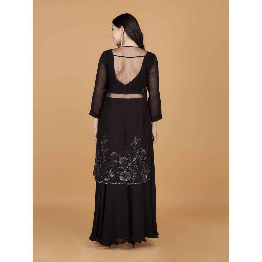 MILU MADAN Dark Brown Georgette Sequins Beads Kurta with Blouse and Sharara