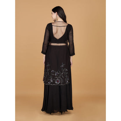 MILU MADAN Dark Brown Georgette Sequins Beads Kurta with Blouse and Sharara