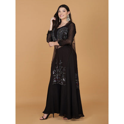 MILU MADAN Dark Brown Georgette Sequins Beads Kurta with Blouse and Sharara