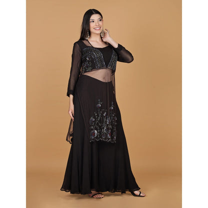 MILU MADAN Dark Brown Georgette Sequins Beads Kurta with Blouse and Sharara