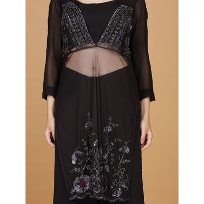 MILU MADAN Dark Brown Georgette Sequins Beads Kurta with Blouse and Sharara