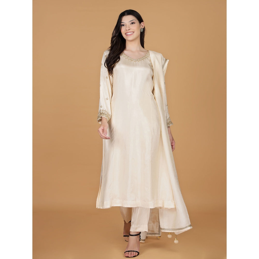 MILU MADAN Ivory Silk Pearl Cutdana Work Kurta with Pant & Dupatta