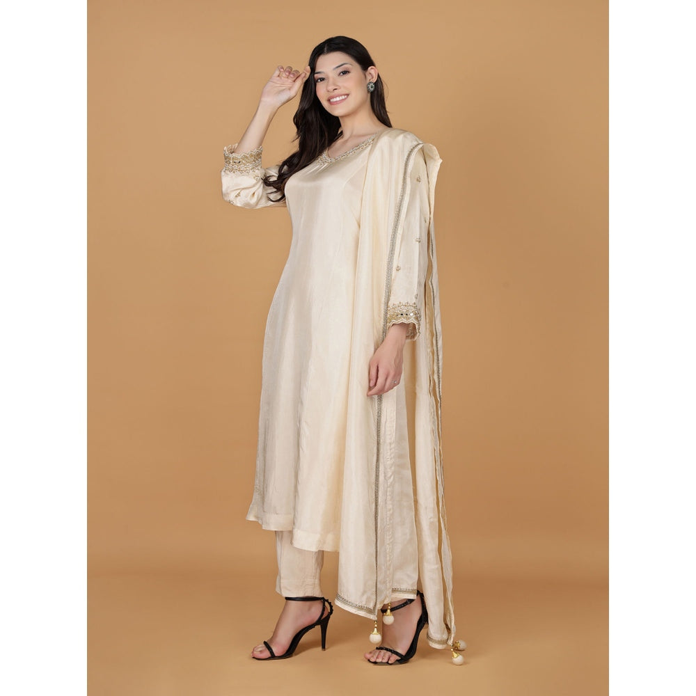 MILU MADAN Ivory Silk Pearl Cutdana Work Kurta with Pant & Dupatta