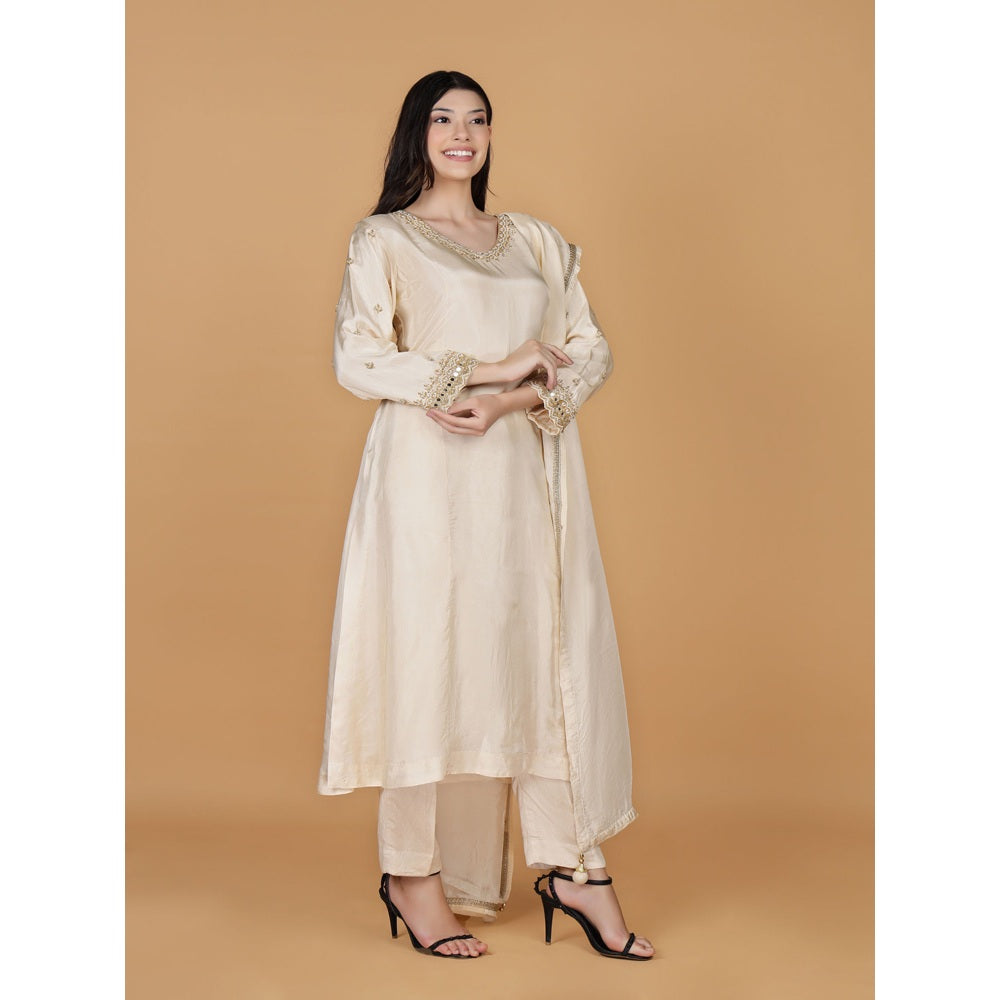 MILU MADAN Ivory Silk Pearl Cutdana Work Kurta with Pant & Dupatta