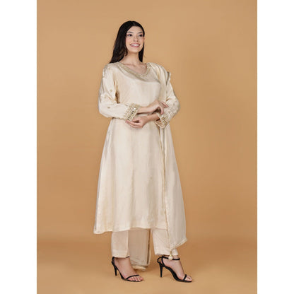 MILU MADAN Ivory Silk Pearl Cutdana Work Kurta with Pant & Dupatta