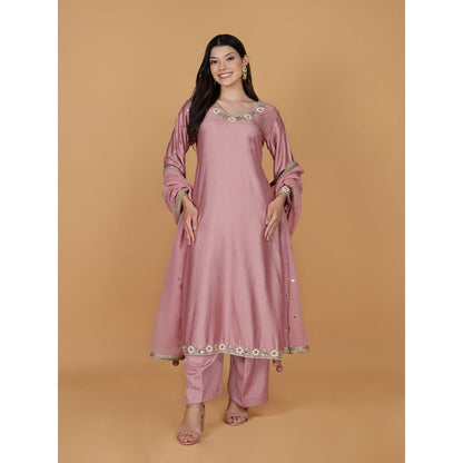 MILU MADAN Onion Pink Self Katan Mirror Embroidery Kurta with Palazzo & Dupatta