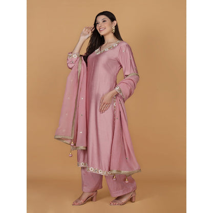 MILU MADAN Onion Pink Self Katan Mirror Embroidery Kurta with Palazzo & Dupatta