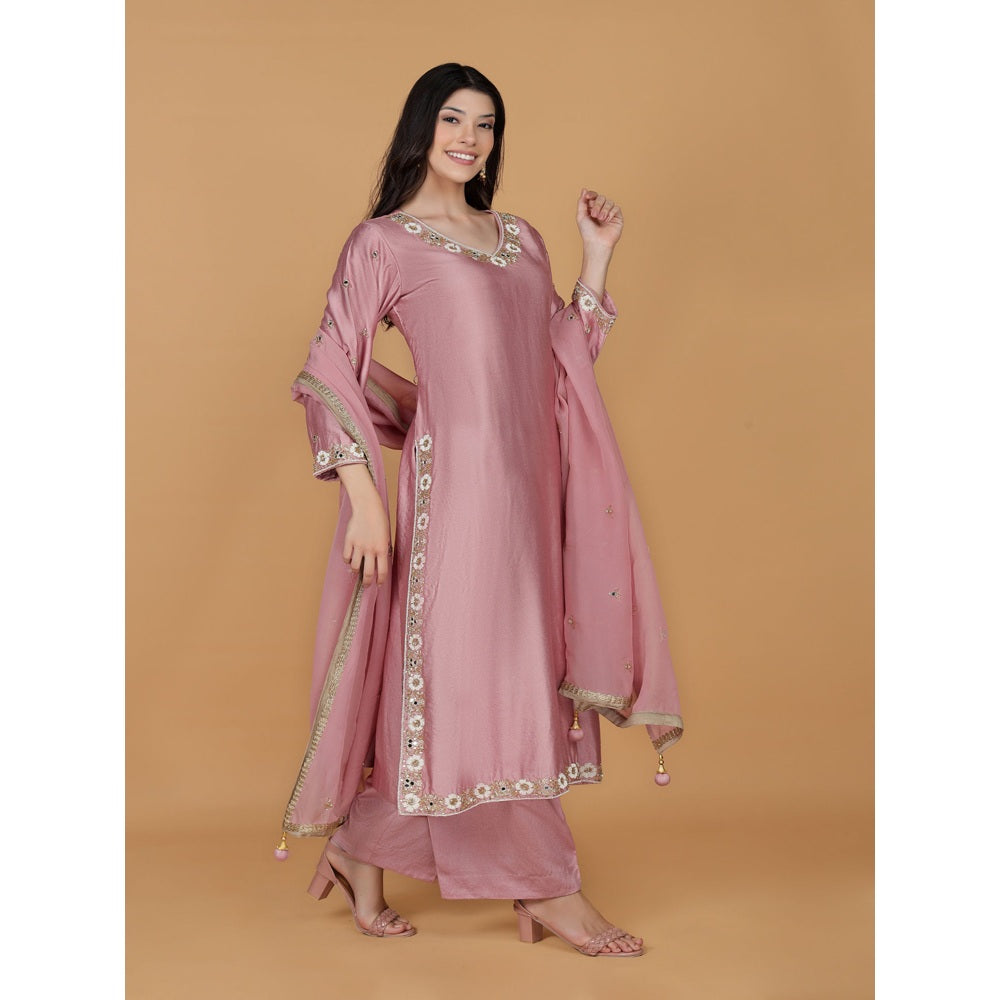 MILU MADAN Onion Pink Self Katan Mirror Embroidery Kurta with Palazzo & Dupatta