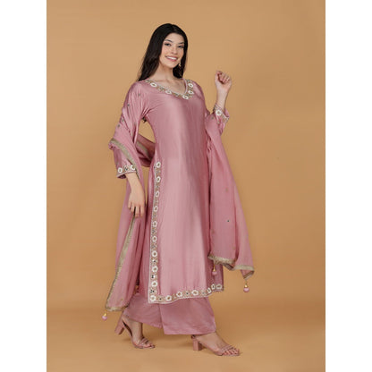 MILU MADAN Onion Pink Self Katan Mirror Embroidery Kurta with Palazzo & Dupatta