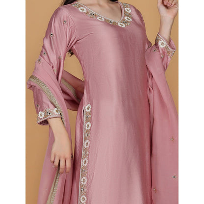 MILU MADAN Onion Pink Self Katan Mirror Embroidery Kurta with Palazzo & Dupatta