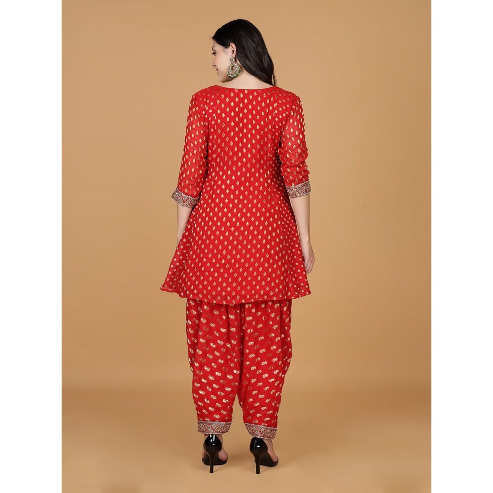 MILU MADAN Red Georgette Brocade Kundan Pearl Work Kurta with Dhoti and Dupatta