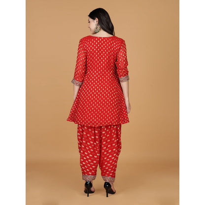 MILU MADAN Red Georgette Brocade Kundan Pearl Work Kurta with Dhoti and Dupatta