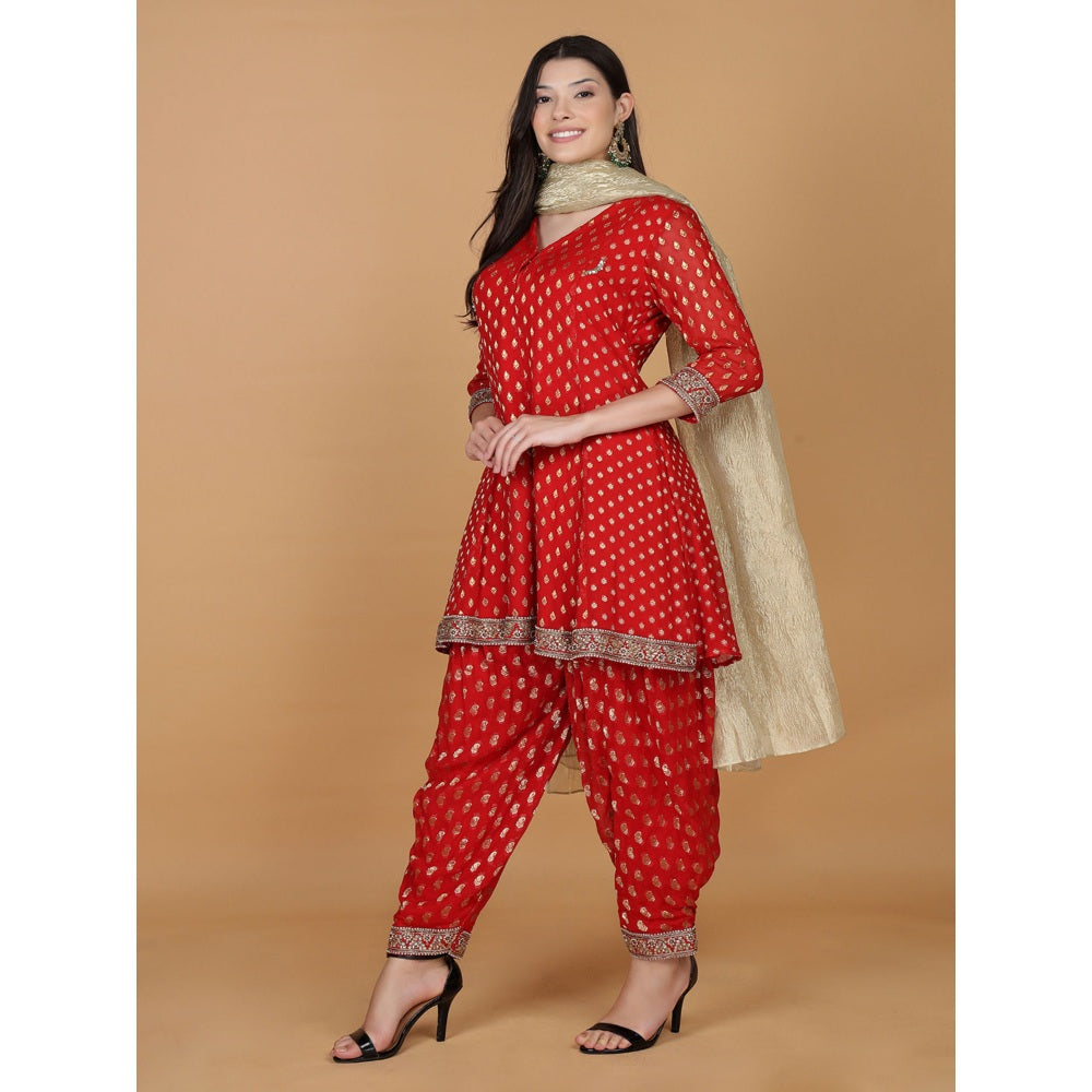 MILU MADAN Red Georgette Brocade Kundan Pearl Work Kurta with Dhoti and Dupatta