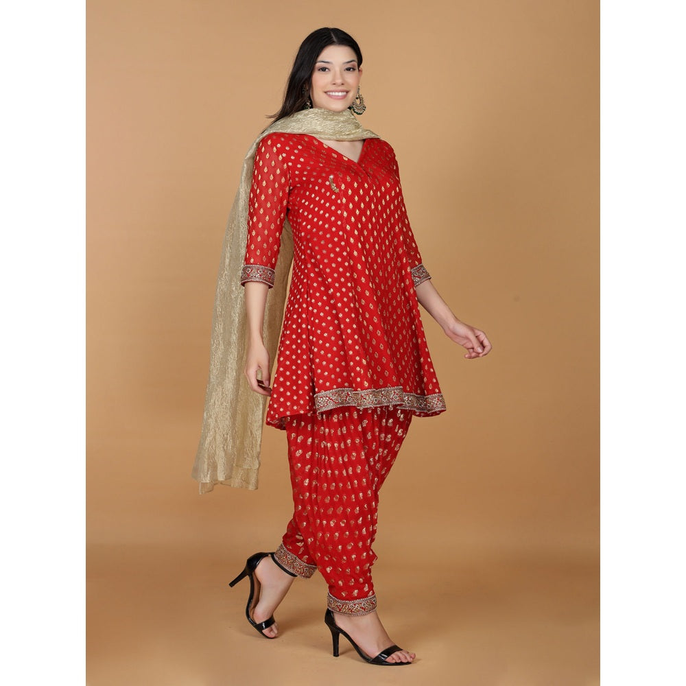 MILU MADAN Red Georgette Brocade Kundan Pearl Work Kurta with Dhoti and Dupatta