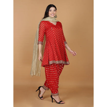 MILU MADAN Red Georgette Brocade Kundan Pearl Work Kurta with Dhoti and Dupatta