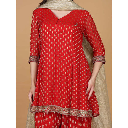 MILU MADAN Red Georgette Brocade Kundan Pearl Work Kurta with Dhoti and Dupatta