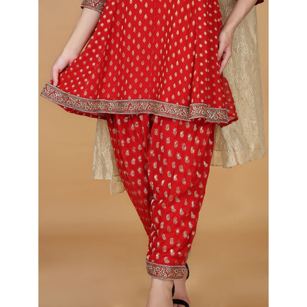 MILU MADAN Red Georgette Brocade Kundan Pearl Work Kurta with Dhoti and Dupatta