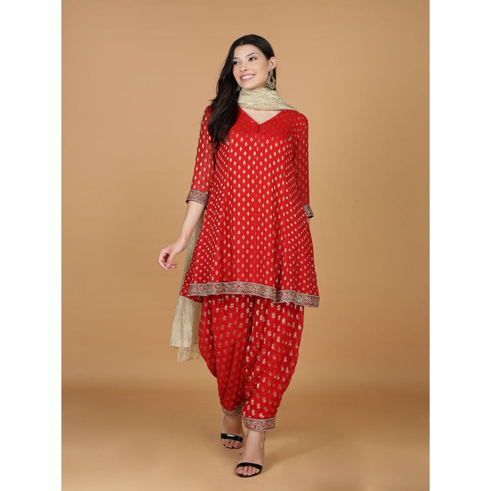 MILU MADAN Red Georgette Brocade Kundan Pearl Work Kurta with Dhoti and Dupatta