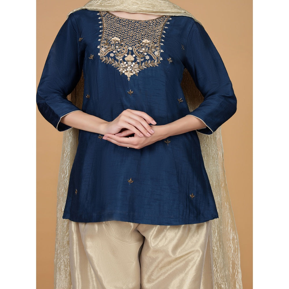MILU MADAN Persian Blue Sequins Cutdana Kurti with Salwar & Dupatta