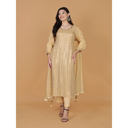 MILU MADAN Beige Georgette Cutdana Work Kurta with Pant & Dupatta