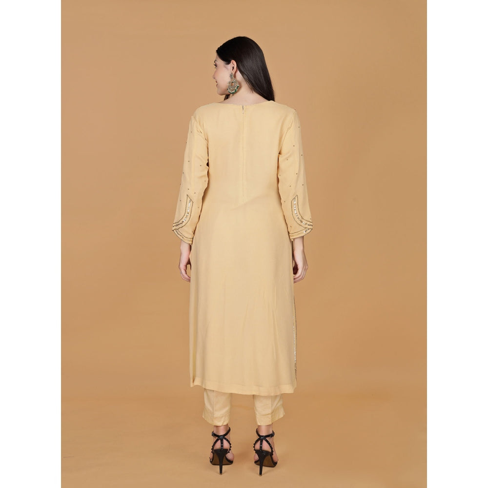 MILU MADAN Beige Georgette Cutdana Work Kurta with Pant & Dupatta