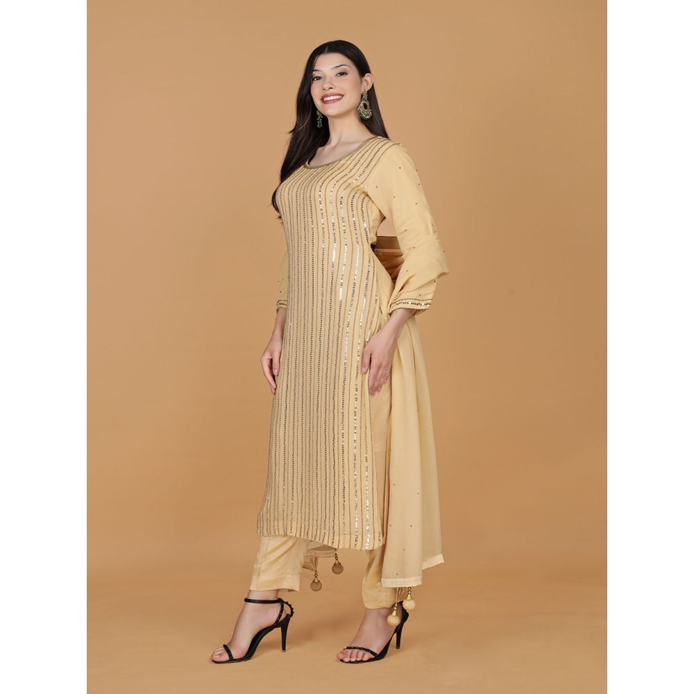 MILU MADAN Beige Georgette Cutdana Work Kurta with Pant & Dupatta