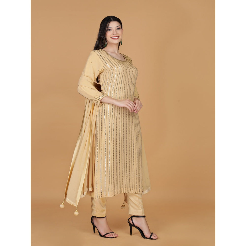 MILU MADAN Beige Georgette Cutdana Work Kurta with Pant & Dupatta