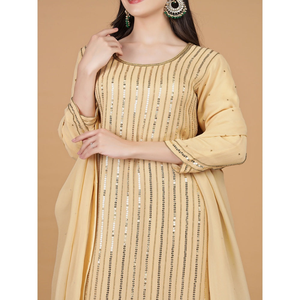 MILU MADAN Beige Georgette Cutdana Work Kurta with Pant & Dupatta