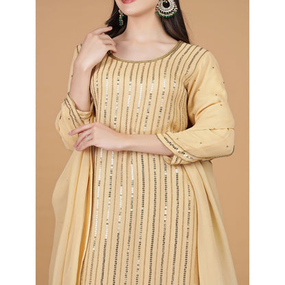 MILU MADAN Beige Georgette Cutdana Work Kurta with Pant & Dupatta